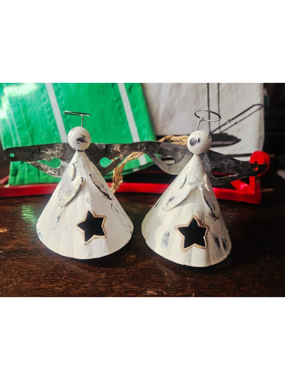 Set of 2 Rustic White Metal Angel Christmas Ornaments